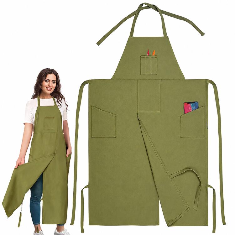 Split Leg Canvas Work Apron Multi-Pocket Adjustable Halter Neck Utility Apron With Leg Straps