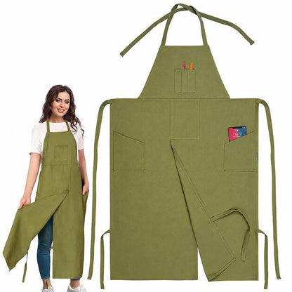 Split Leg Canvas Work Apron Multi-Pocket Adjustable Halter Neck Utility Apron With Leg Straps