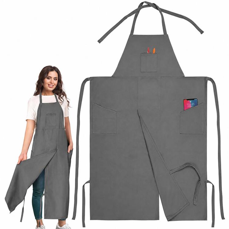 Split Leg Canvas Work Apron Multi-Pocket Adjustable Halter Neck Utility Apron With Leg Straps