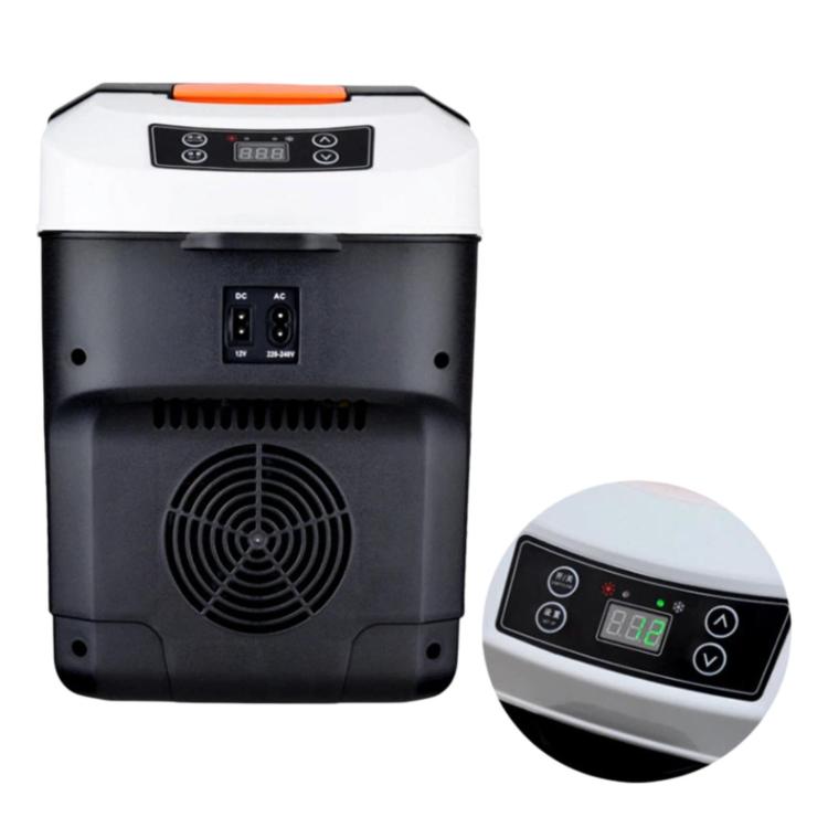 Mini car refrigerator with front fan grille, dual power ports, and close-up control display