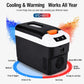 Compact mini car refrigerator, black and white with orange latch on top handle