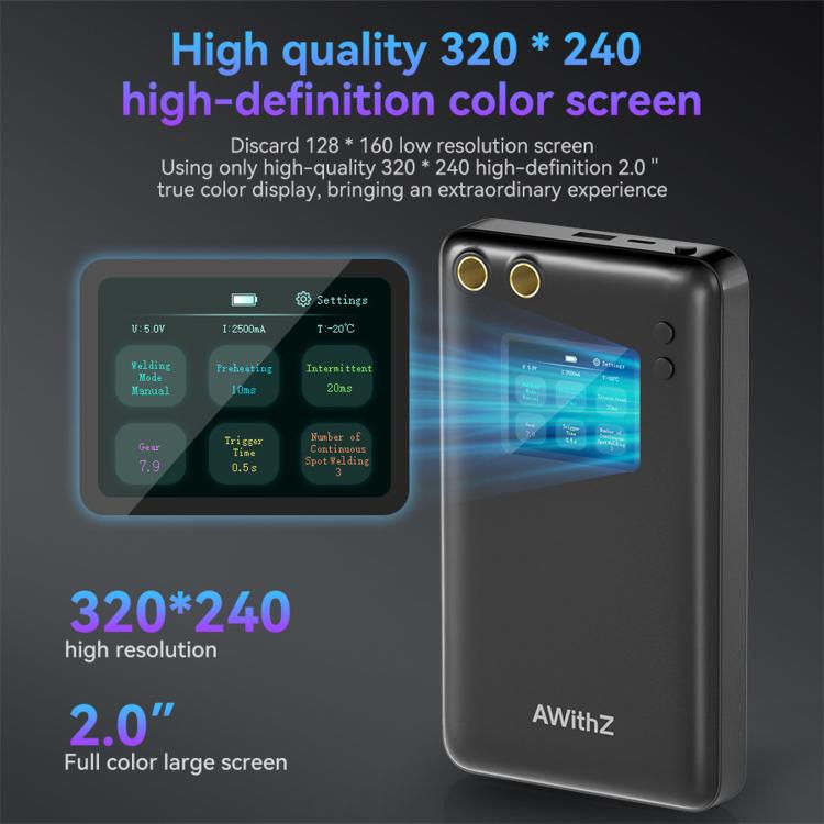 AWithZ portable spot welder, black handheld with bright color screen and gold terminals