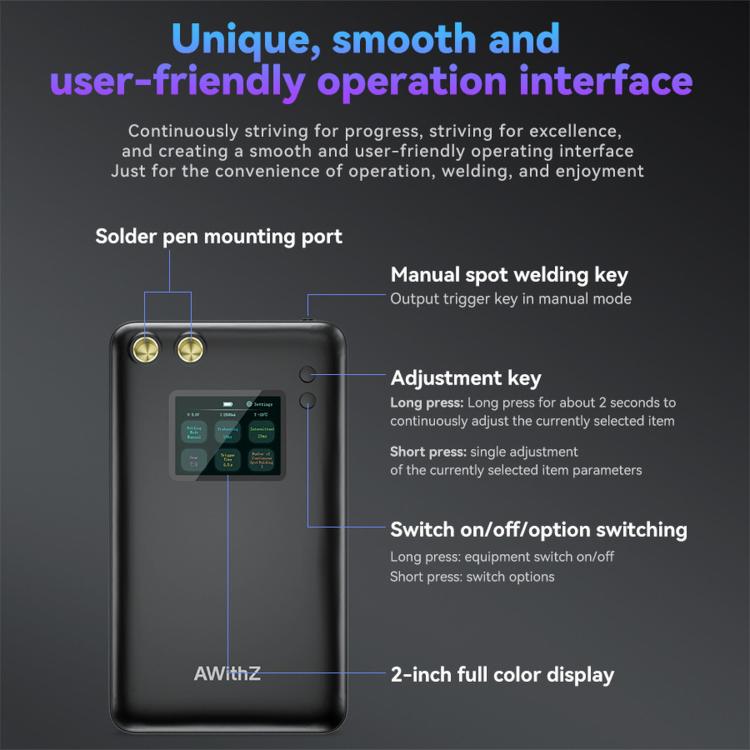 AWithZ portable spot welder, front panel with screen, adjustment key, and trigger area