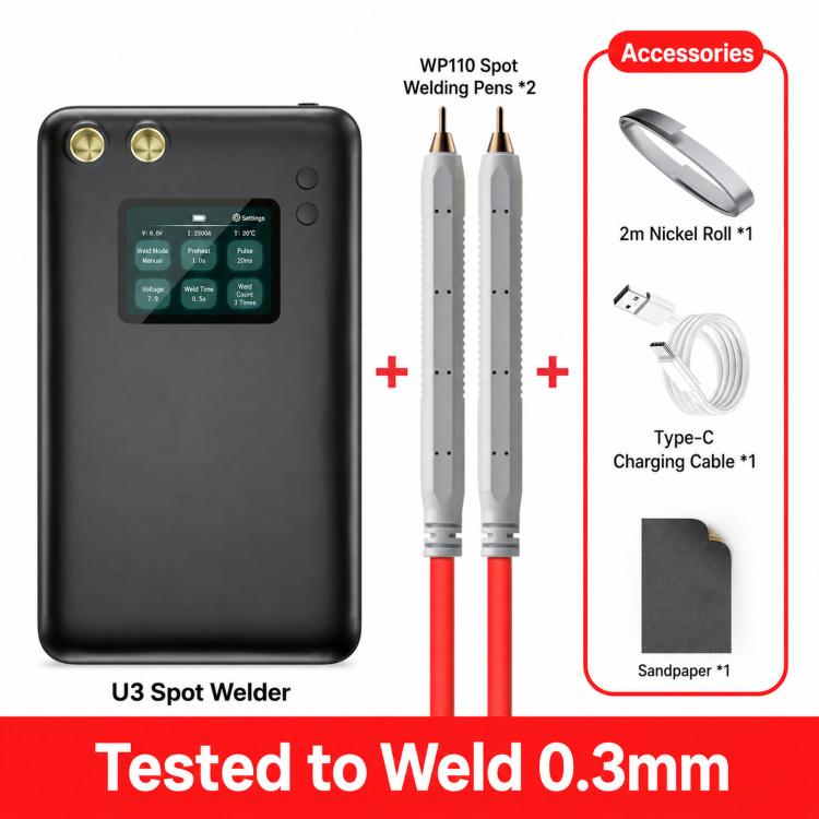 AWithZ handheld battery spot welder with 2-inch color screen and electrode tips