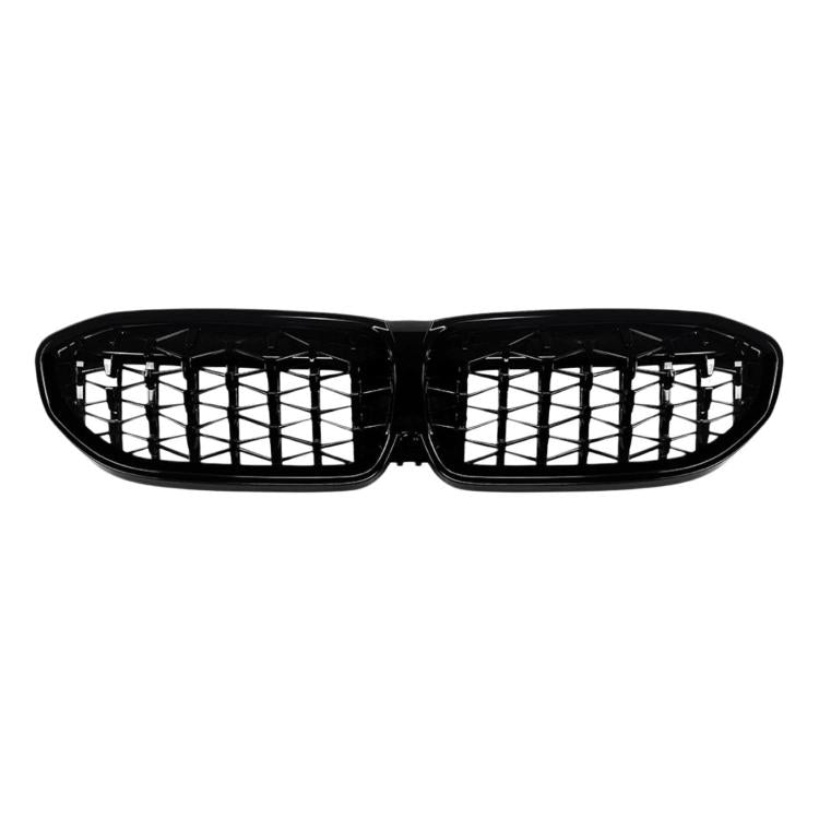 Front kidney grille with black frame and silver vertical mesh bars, double-slat design
