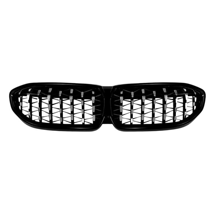 Front kidney grille with black frame and silver mesh crossbars, double-slat center section