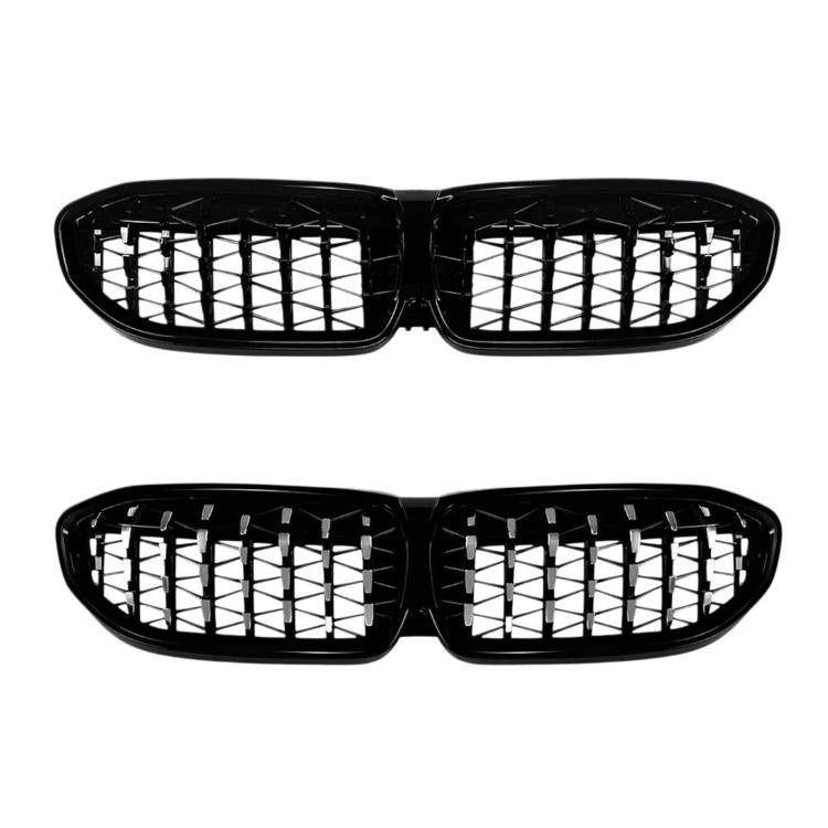 Front kidney grille set with black mesh and silver mesh accents, double-slat design