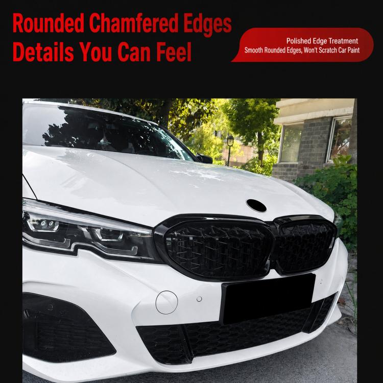 Front kidney grille installed on a white car, black mesh grille with rounded edges