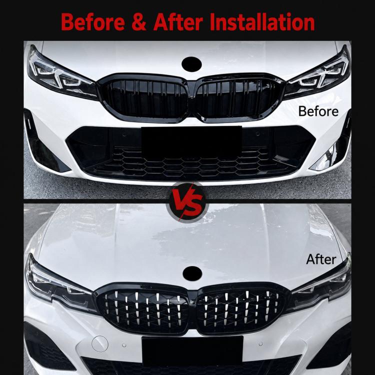 Front grille comparison: black mesh kidney grille shown before and after installation