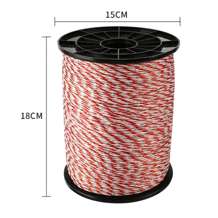 Red and white braided electric fence rope on black plastic spool