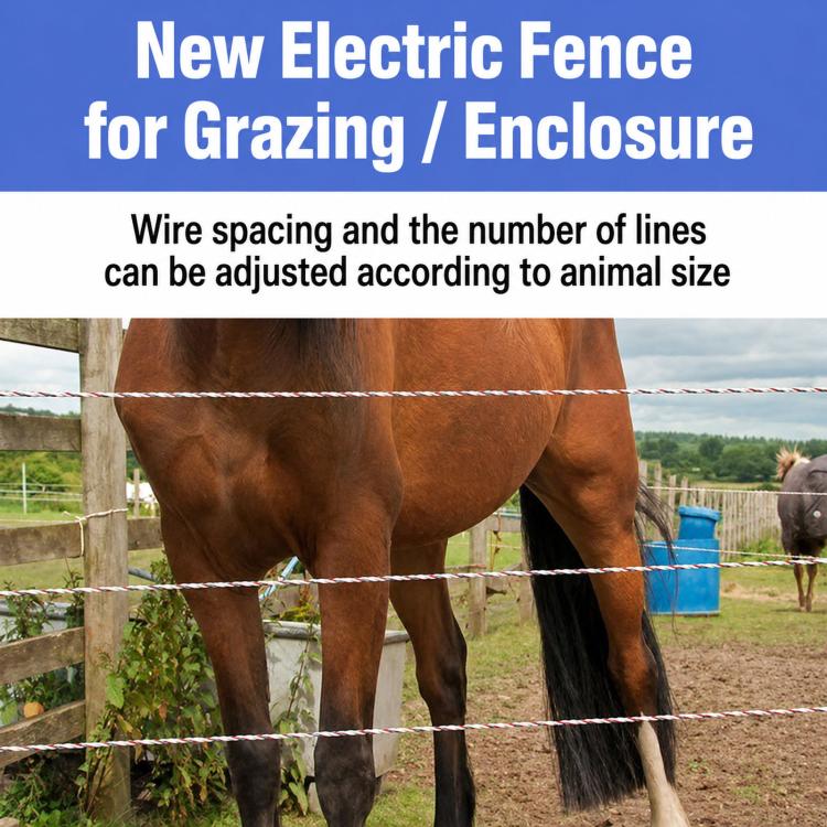 Electric fence rope with multiple taut red-and-white strands between posts