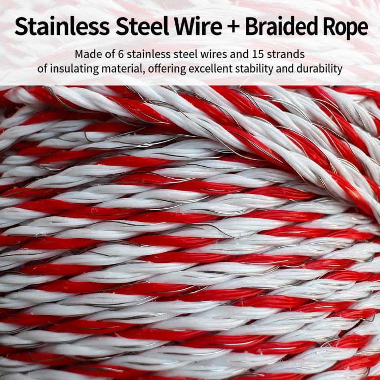 Close-up of red and white braided conductive rope with twisted wire strands