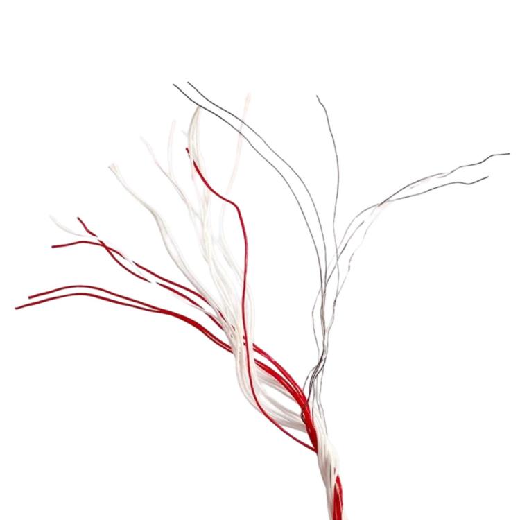 Red and white braided rope strands with fine filaments at the end