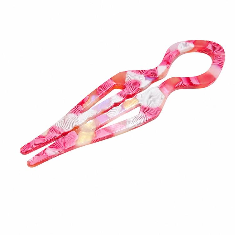Pink floral U-shaped 2-prong hair pin bun holder in acetate
