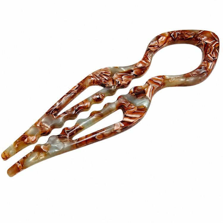 Light brown tortoise-shell U-shaped 2-prong hair pin bun holder in acetate