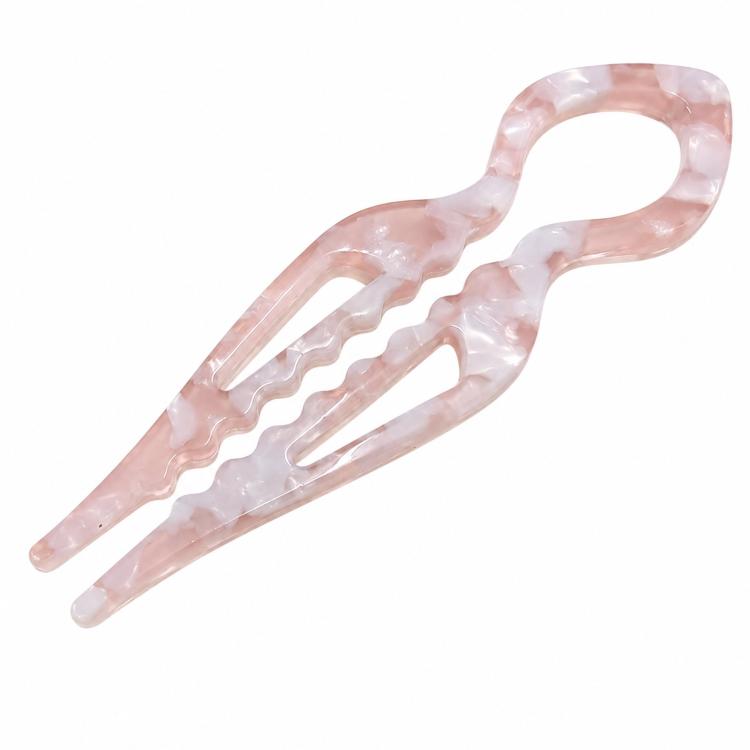 Light pink translucent U-shaped 2-prong hair pin bun holder in acetate