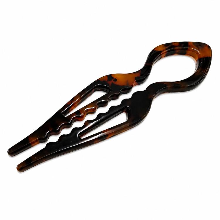 Dark brown tortoise-shell U-shaped 2-prong hair pin bun holder in acetate