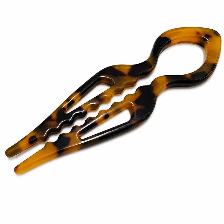 Amber and black tortoise-shell U-shaped 2-prong hair pin bun holder in acetate