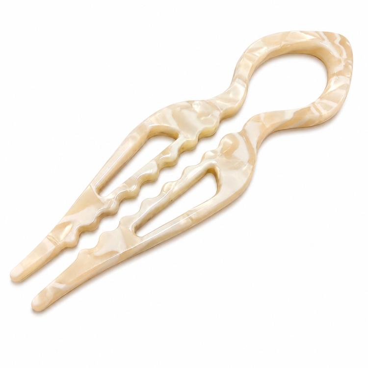 Light beige acetate U-shaped hair pin with 2 prongs, fish bun holder clip.
