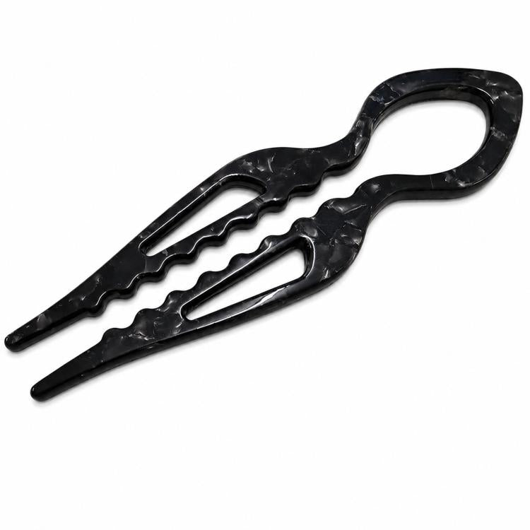 Black acetate U-shaped hair pin with 2 prongs, fish bun holder clip.