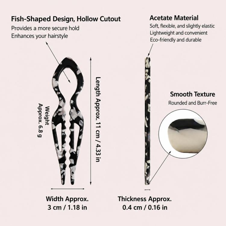 Black acetate U-shaped 2-prong fish bun holder hair clip with smooth texture.