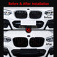 After installation: black oval front grille insert pair with vertical slat openings
