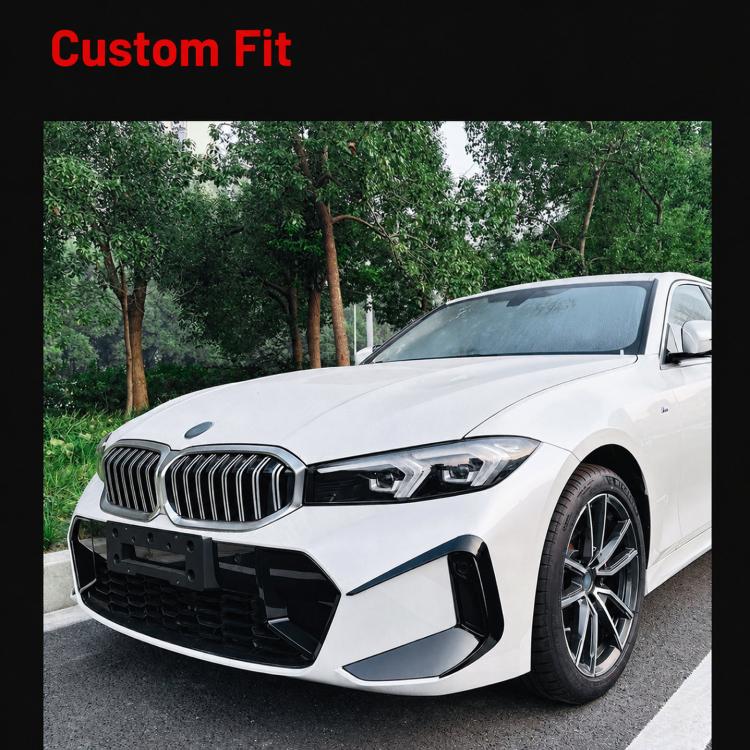Installed front bumper air-knife vent decal with blue accent trim near grille