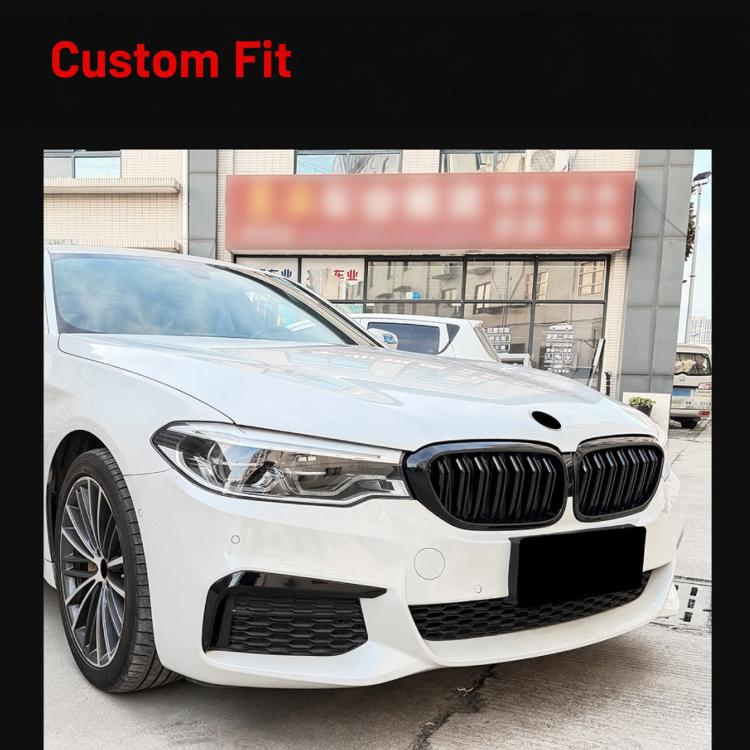 Front grille on a white car, black dual kidney-style inserts with vertical slats