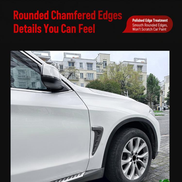 Black side air vent decal installed on car front fender near the wheel