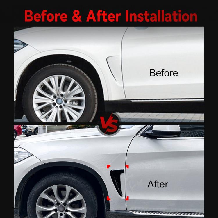 Side air vent decals shown before and after on car front fender