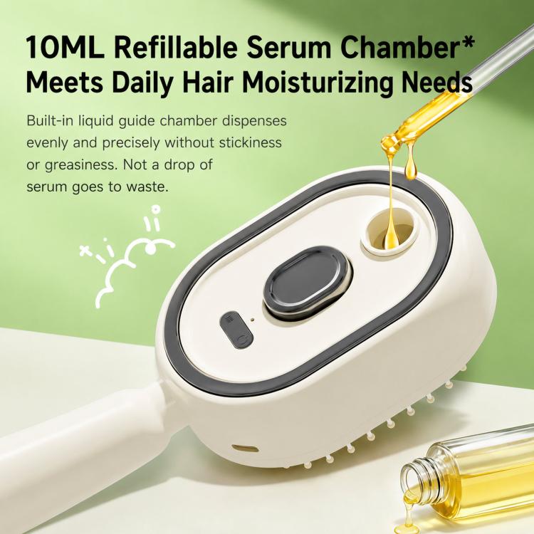 Cream electric spray hair massage brush base with visible liquid serum refill opening