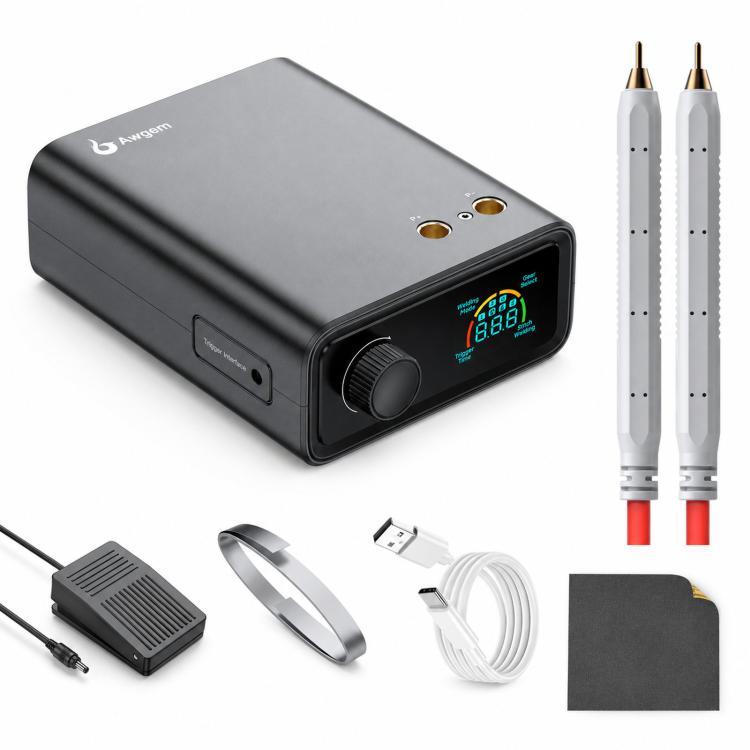 Portable spot welder kit with digital display, pedal, cable, and electrode tips