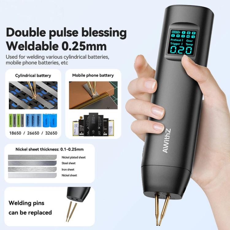 Handheld battery spot welder with color display and dual pins, black device held in hand