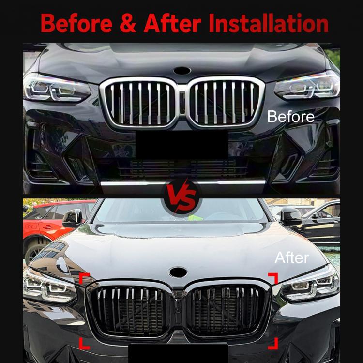 Before-and-after view of front air intake grille installation on vehicle