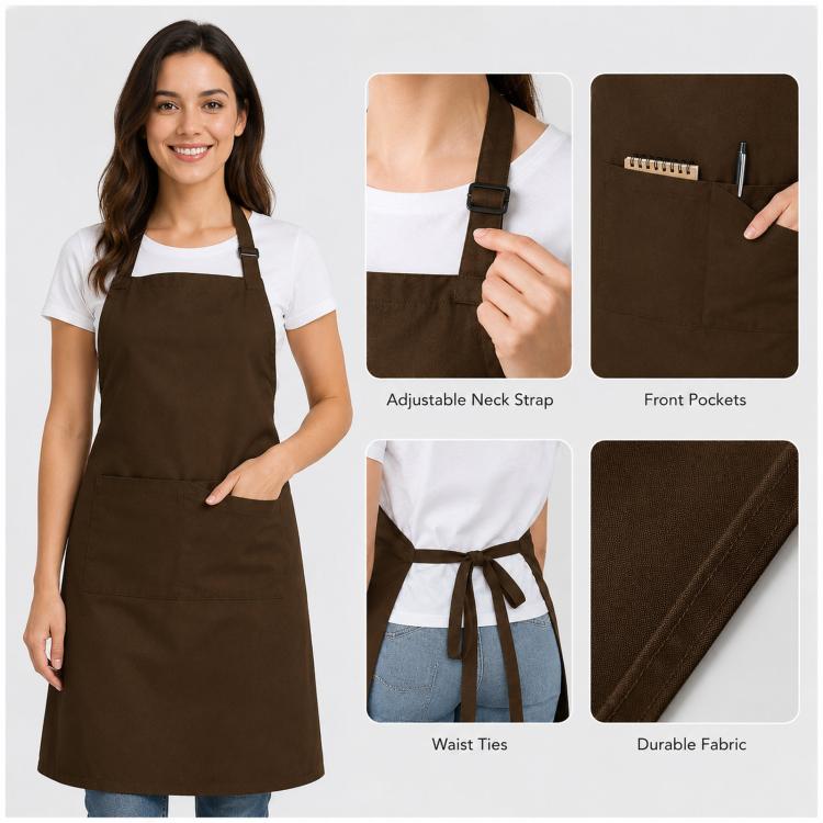 Polyester Bib Apron with Pockets Adjustable Neck Strap Water Resistant Chef Apron