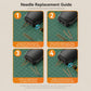 Needle replacement guide showing steps to loosen, remove, install, and tighten welding pins