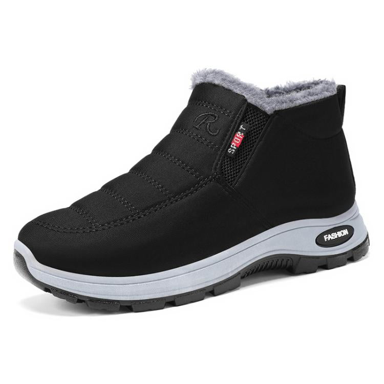 Black ankle boot with fleece collar and side gore panel, thick light-sole trim