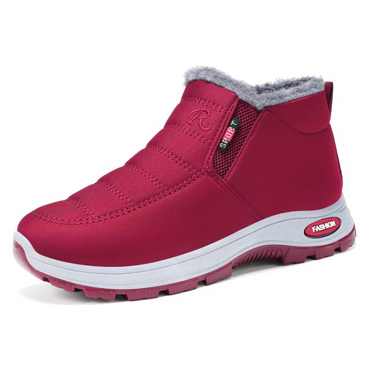 Red slip-on fleece-lined snow boots with grippy outsole and cushioned collar