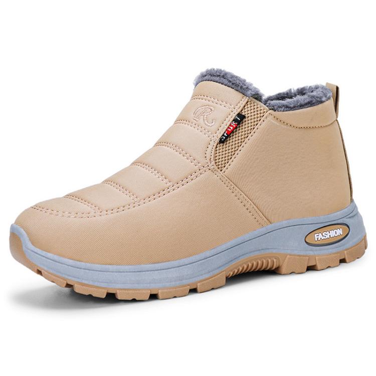 Beige slip-on winter snow boot with padded collar fleece and durable tread sole