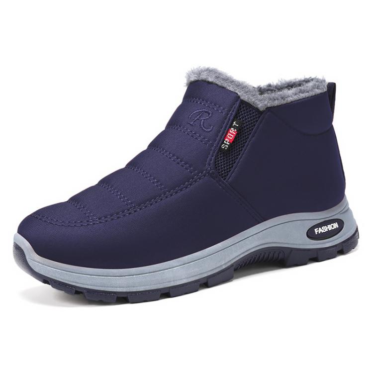 Navy ankle-high snow boot with fleece lining, slip-on fit, and thick traction outsole