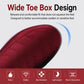 Red boot toe box close-up with quilted stitching and wide, rounded front
