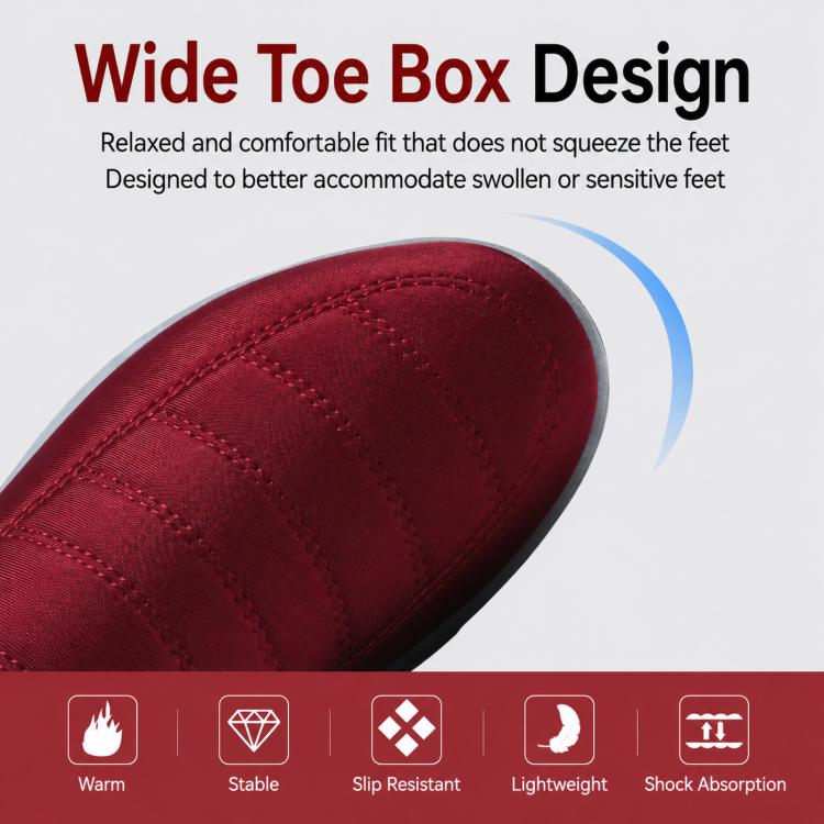 Red boot toe box close-up with quilted stitching and wide, rounded front