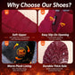 Red slip-on winter shoe details: textured upper, easy opening, and thick tread sole