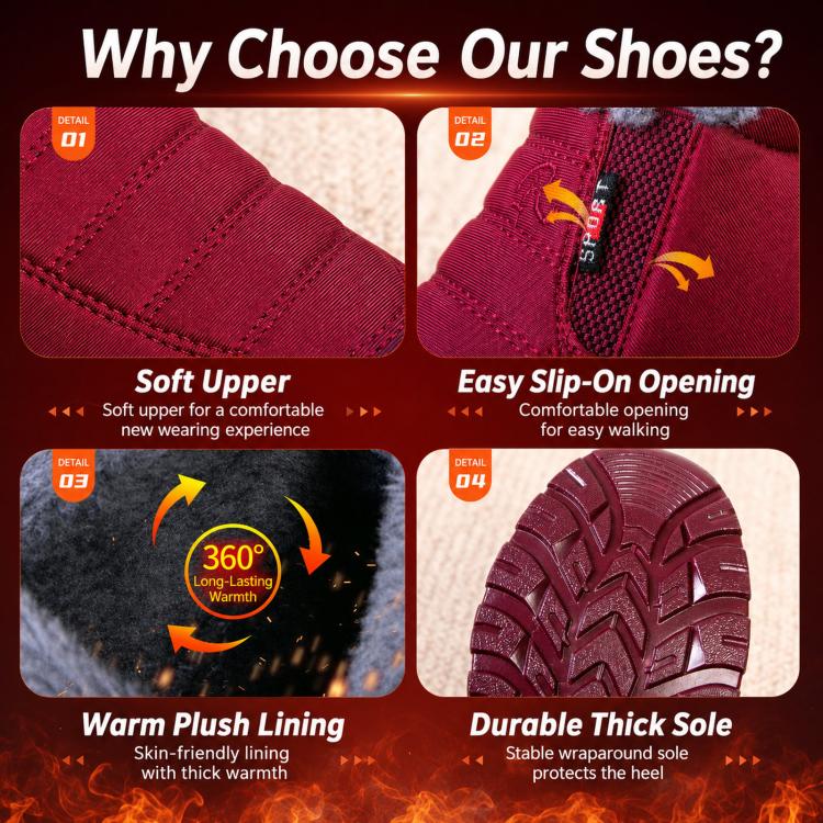 Red slip-on winter shoe details: textured upper, easy opening, and thick tread sole