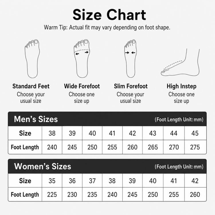Size chart for winter snow boots, foot length and fit tips