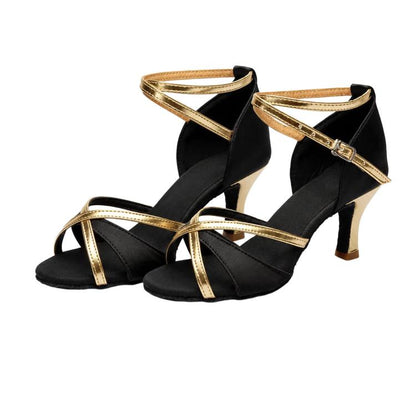 Women's Latin dance sandals, black with gold strappy buckles and 2-inch mid heel