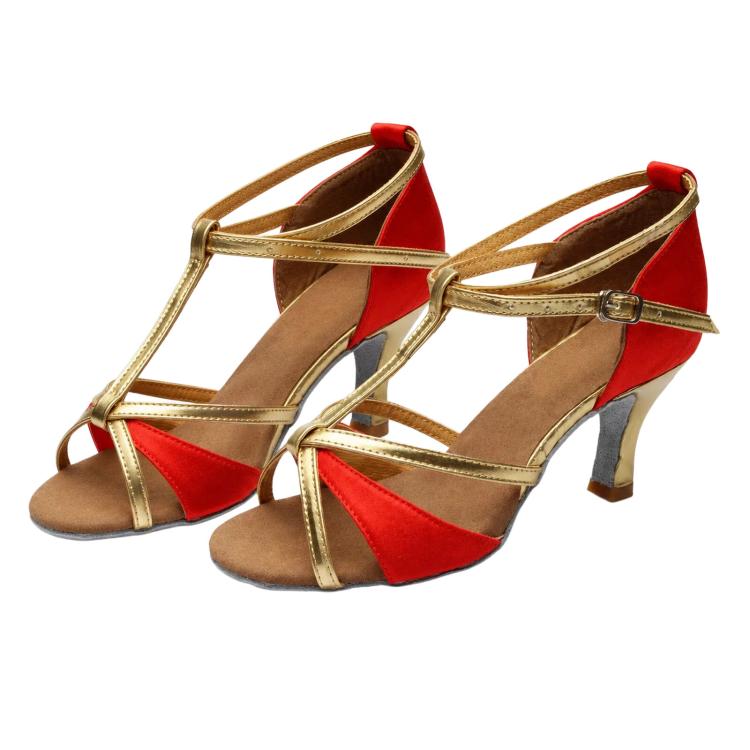 Women's Latin dance sandals, red satin with gold trim and buckles, 2-inch mid heel