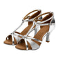 Women's Latin dance sandals, silver satin with strappy buckles and 2-inch mid heel