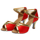 Strappy peep-toe dance sandals, red satin with gold trim, mid heel, buckle strap