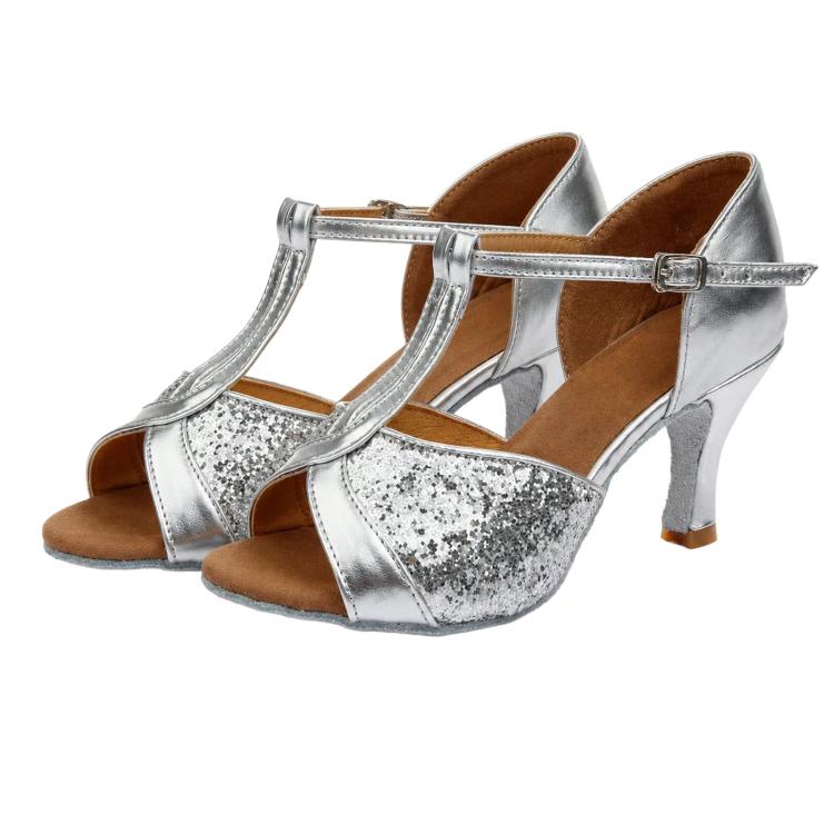 Strappy peep-toe dance sandals, silver glitter with tan straps, mid heel, buckle strap